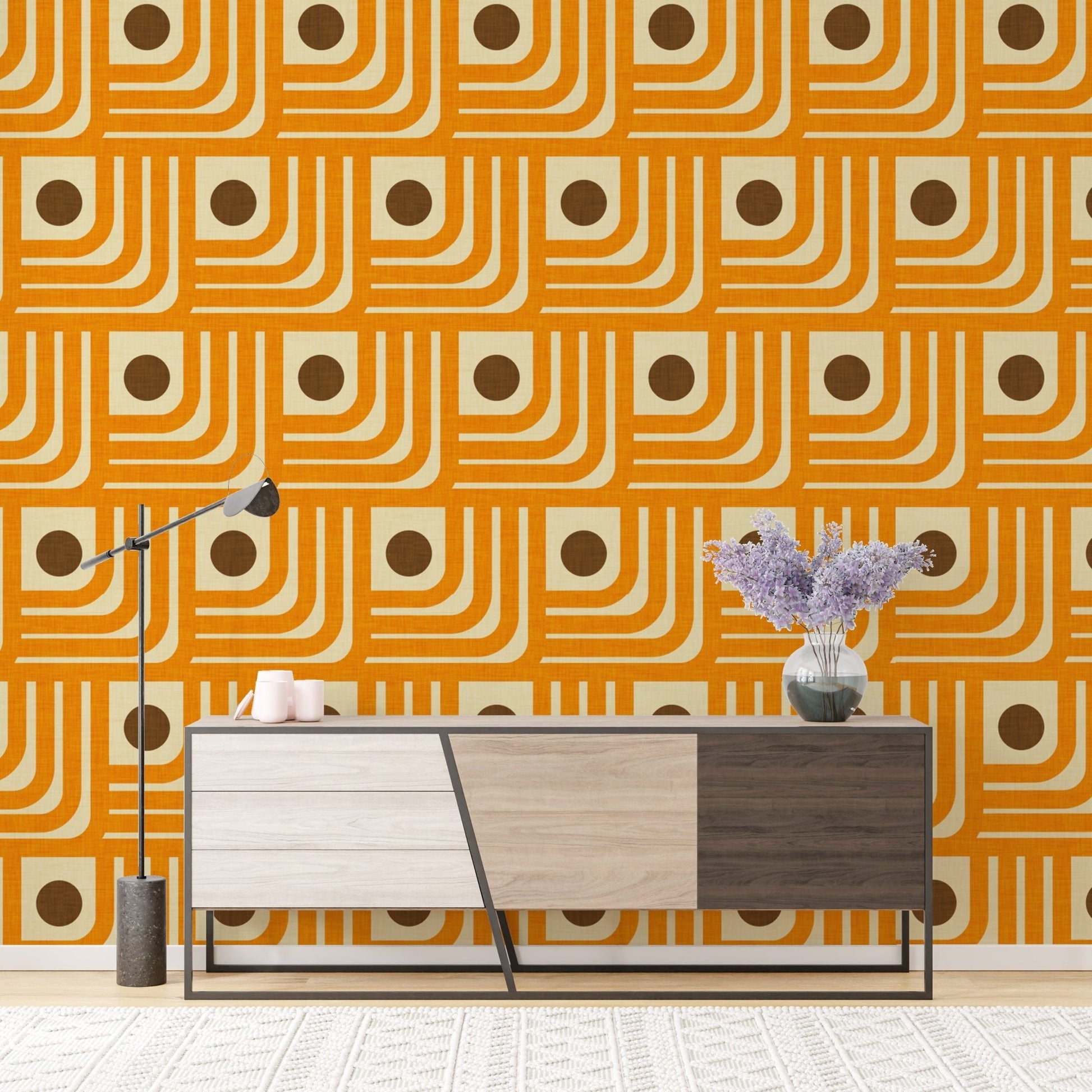 Retro orange curves and dots wallpaper mural, SUSCT45