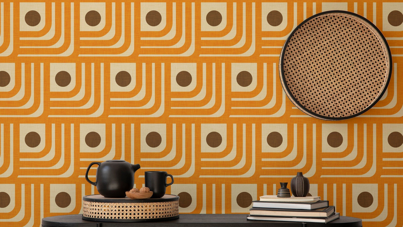 Retro 70s orange line wallpaper with brown dots

