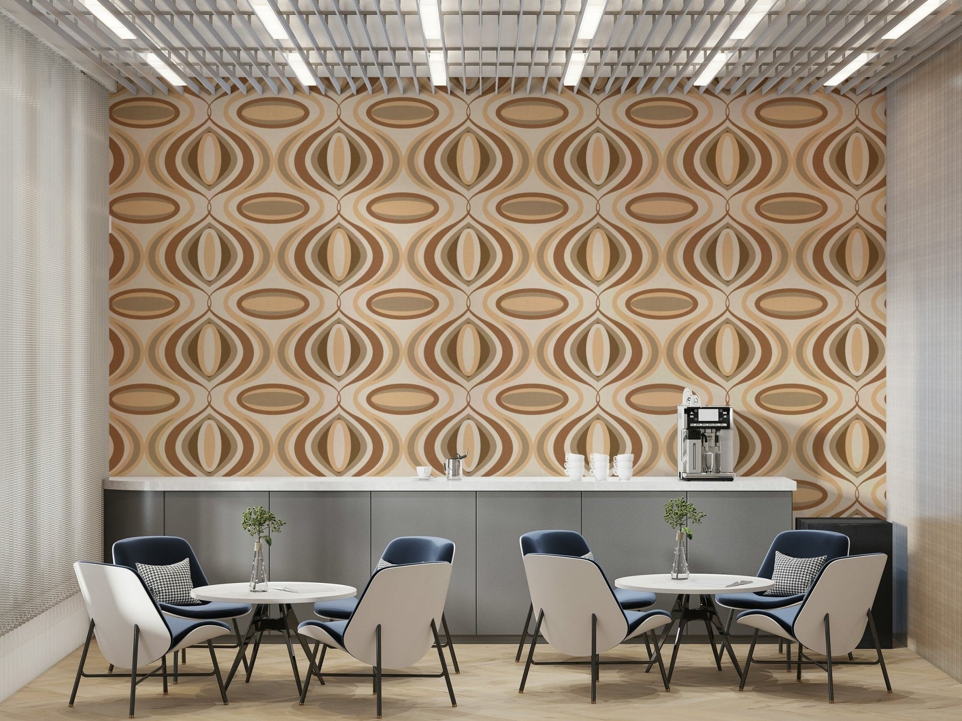 An angled shot of a wall with abstract, wavy wallpaper

