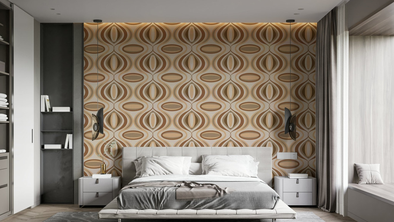 70s Wiggly Earth Tones Wallpaper on a living room wall

