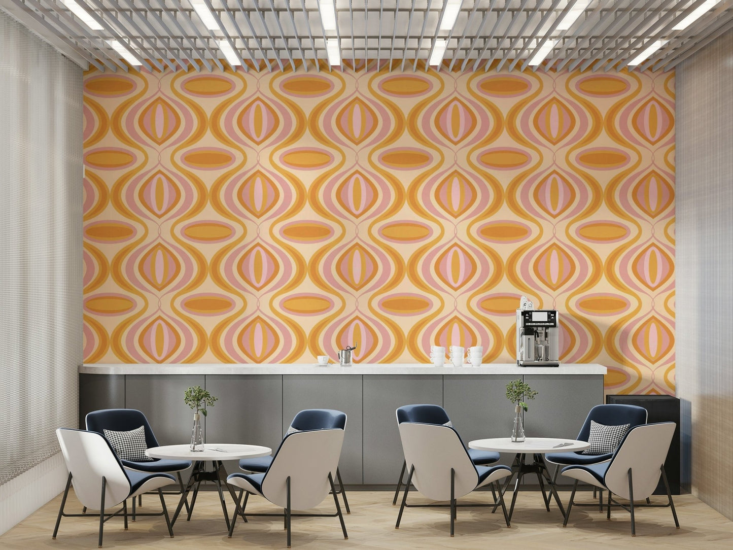 A bedroom decorated with an orange and pink wiggly mural

