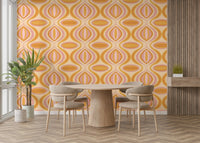 An angled shot of a wall with abstract, wavy wallpaper

