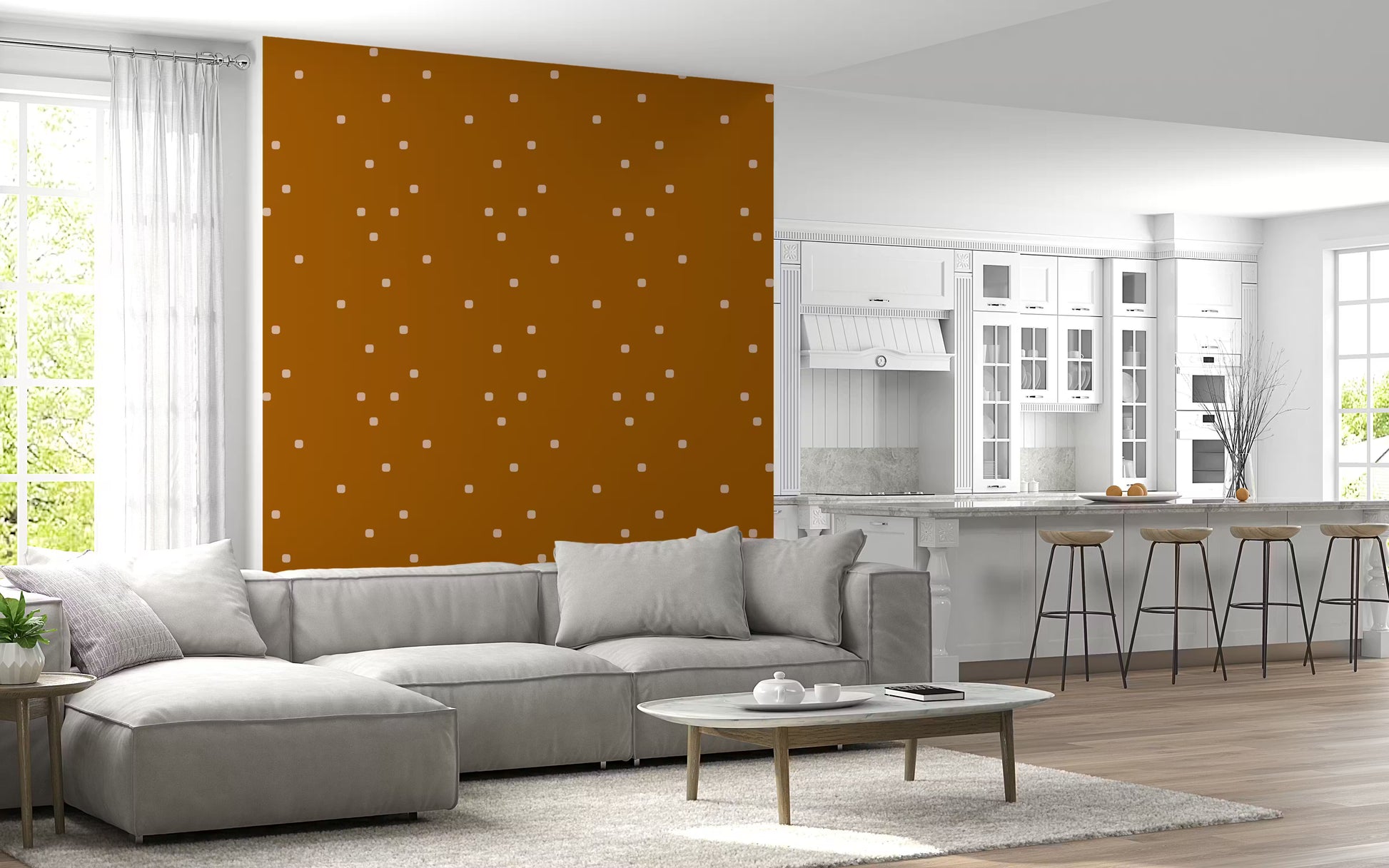Earthy polka dot pattern wallpaper for a boho styled living area.