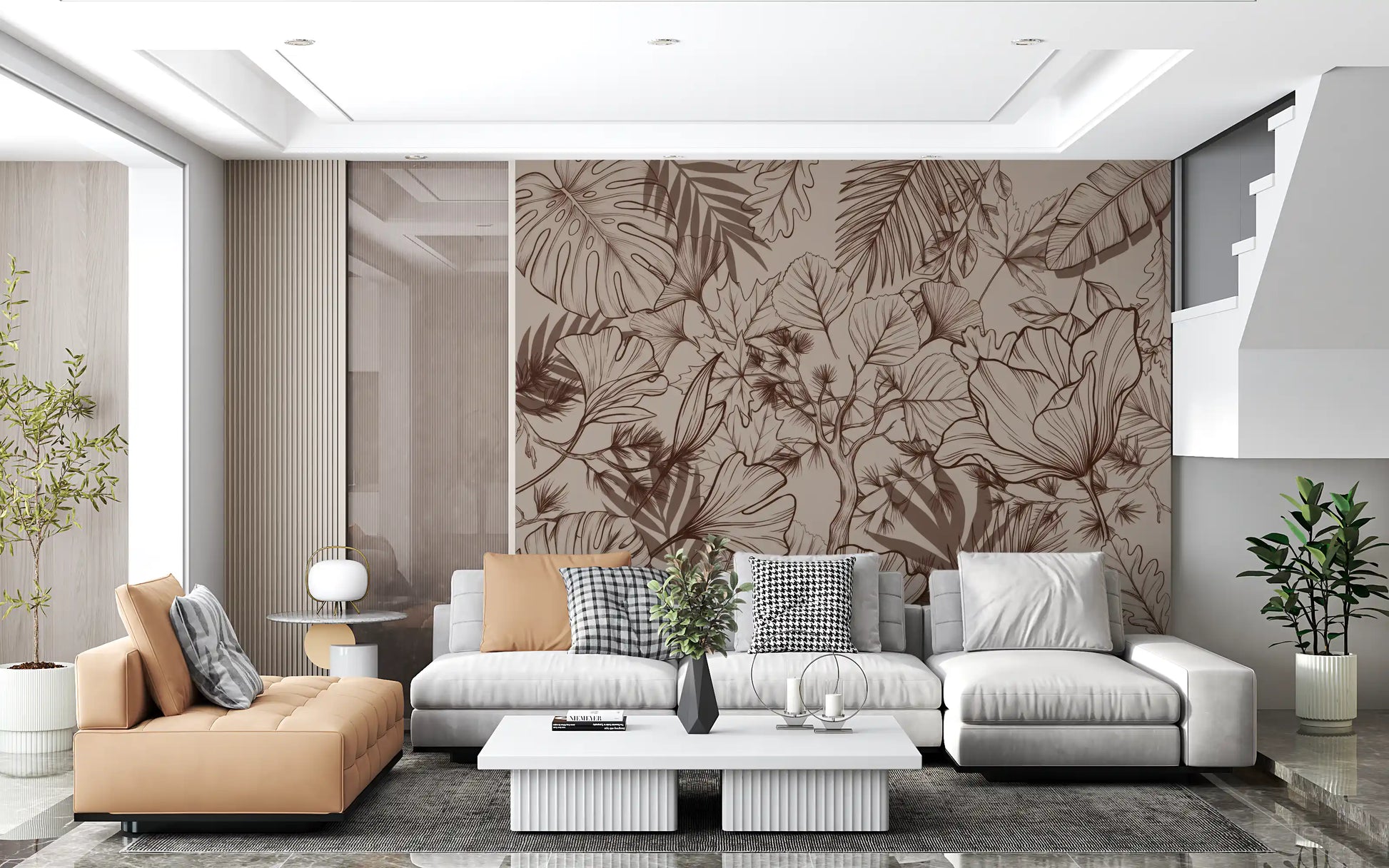 Monochromatic Botanical Line Art Wall Mural