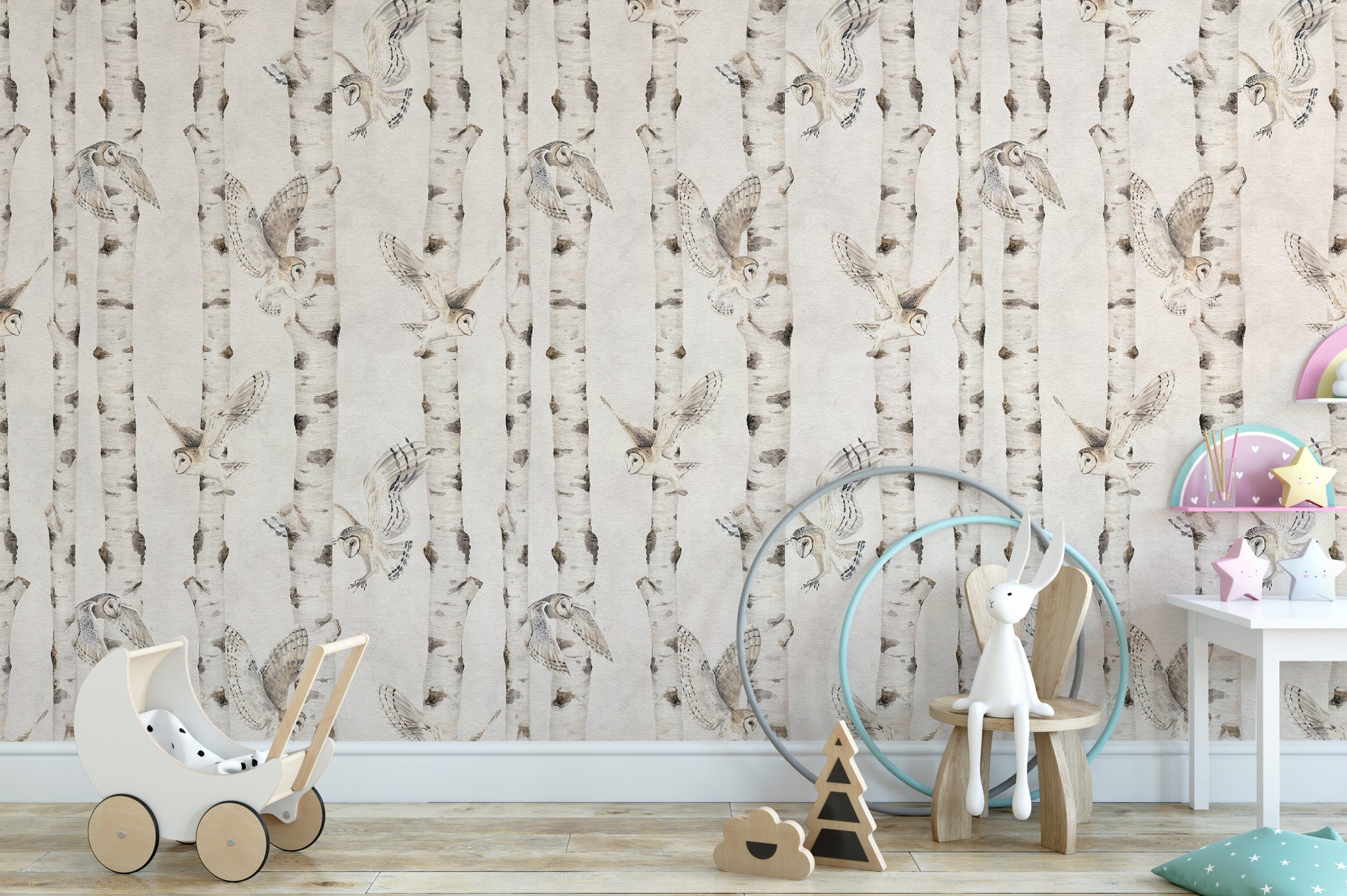 Rustic white birch tree wallpaper scene
