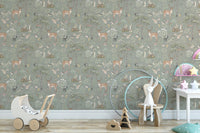 Rustic sage green wallpaper with animals
