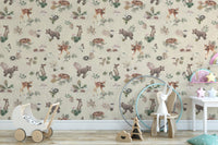 Soft beige wildlife wallpaper for nursery

