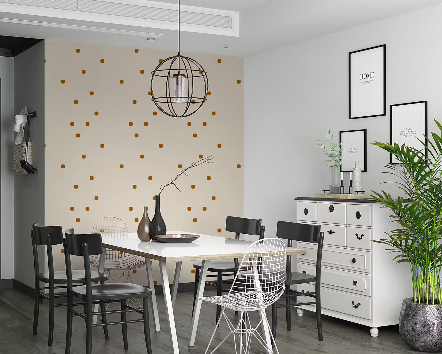 Minimal beige wallpaper with rust brown square dot motifs scattered evenly.