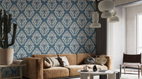 Intricate damask pattern wallpaper in blue
