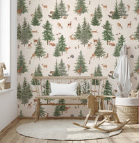 Scenic white forest wallpaper with deer
