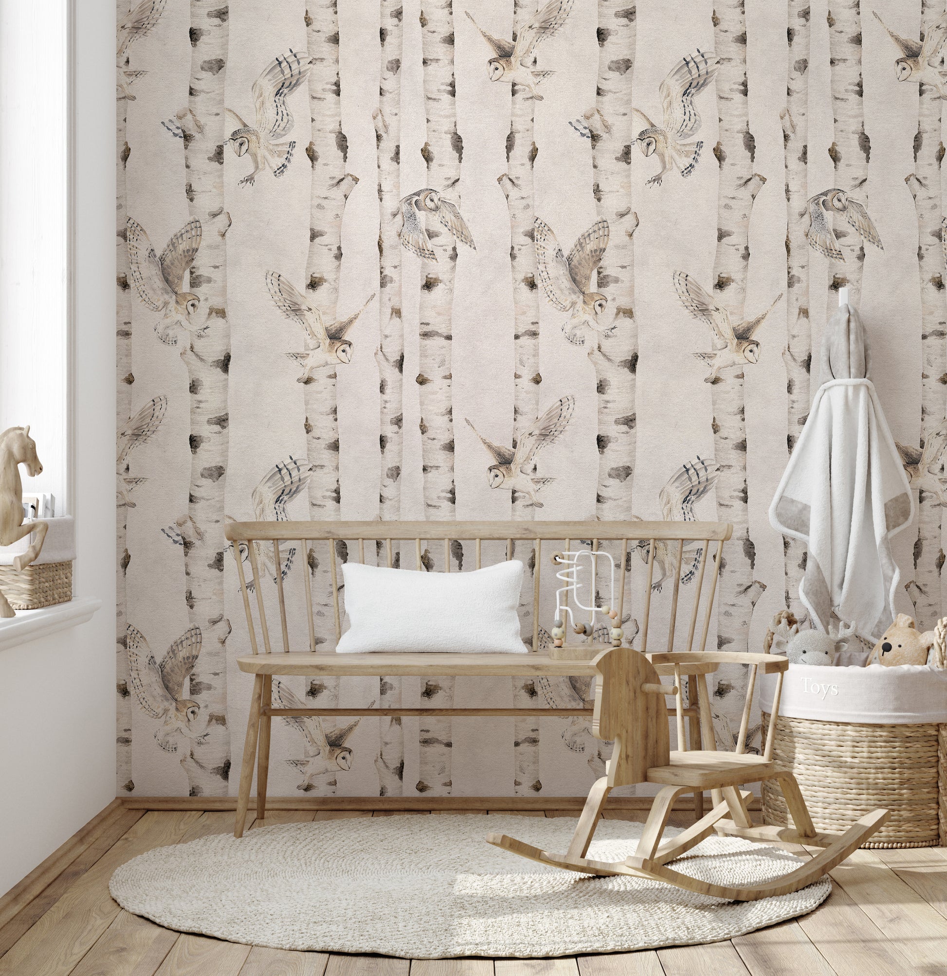 Nature-inspired owl and birch wallpaper
