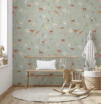 Botanical sage green wallpaper with deer

