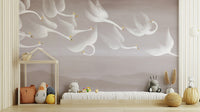 Aesthetic swan mural with golden-crowned birds
