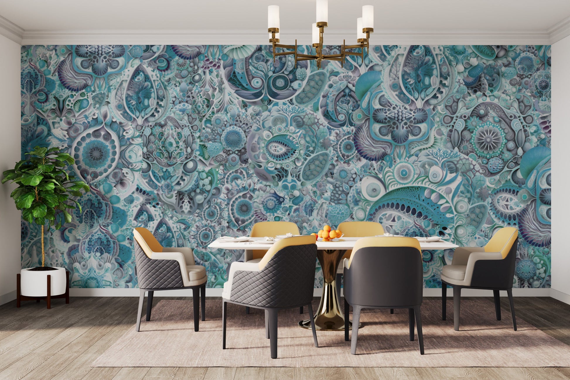 Blue abstract Haeckel mural wallpaper for a striking visual impact.