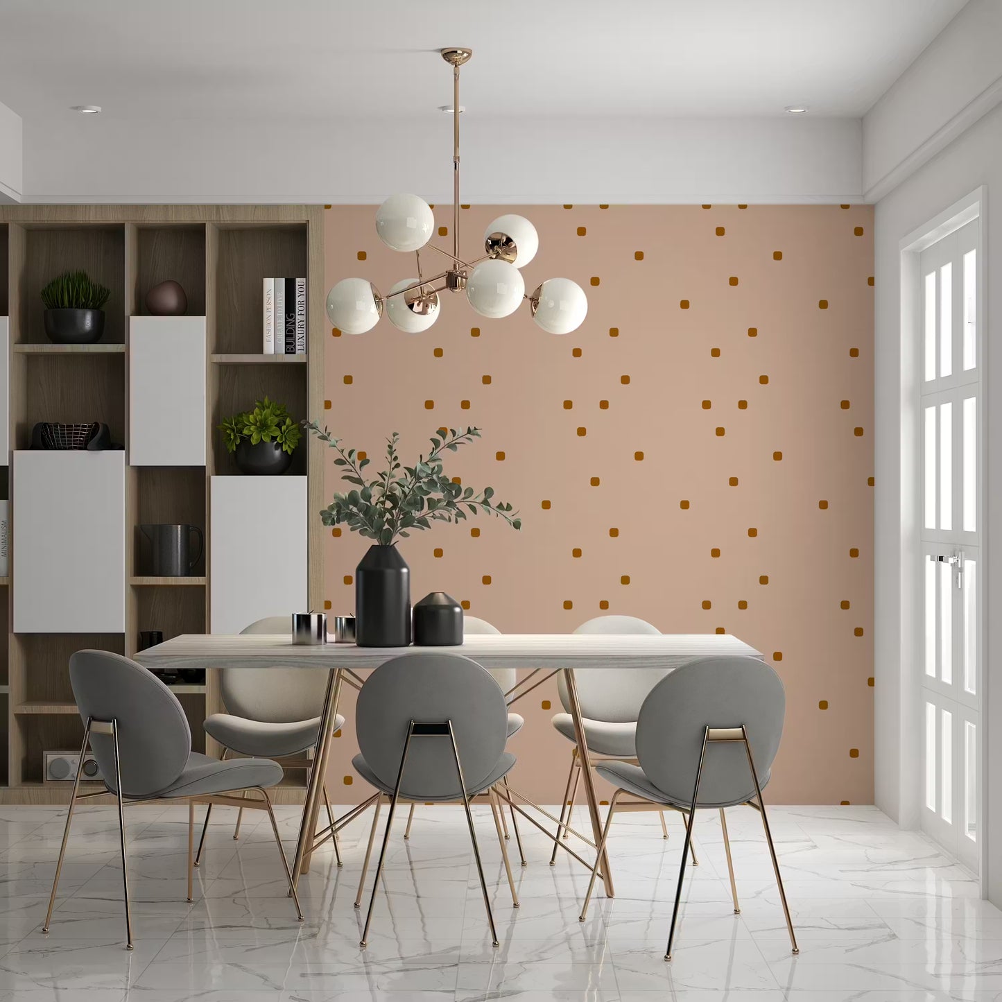 Soft beige wallpaper with irregular rust dot placement and earthy tones in dining room.