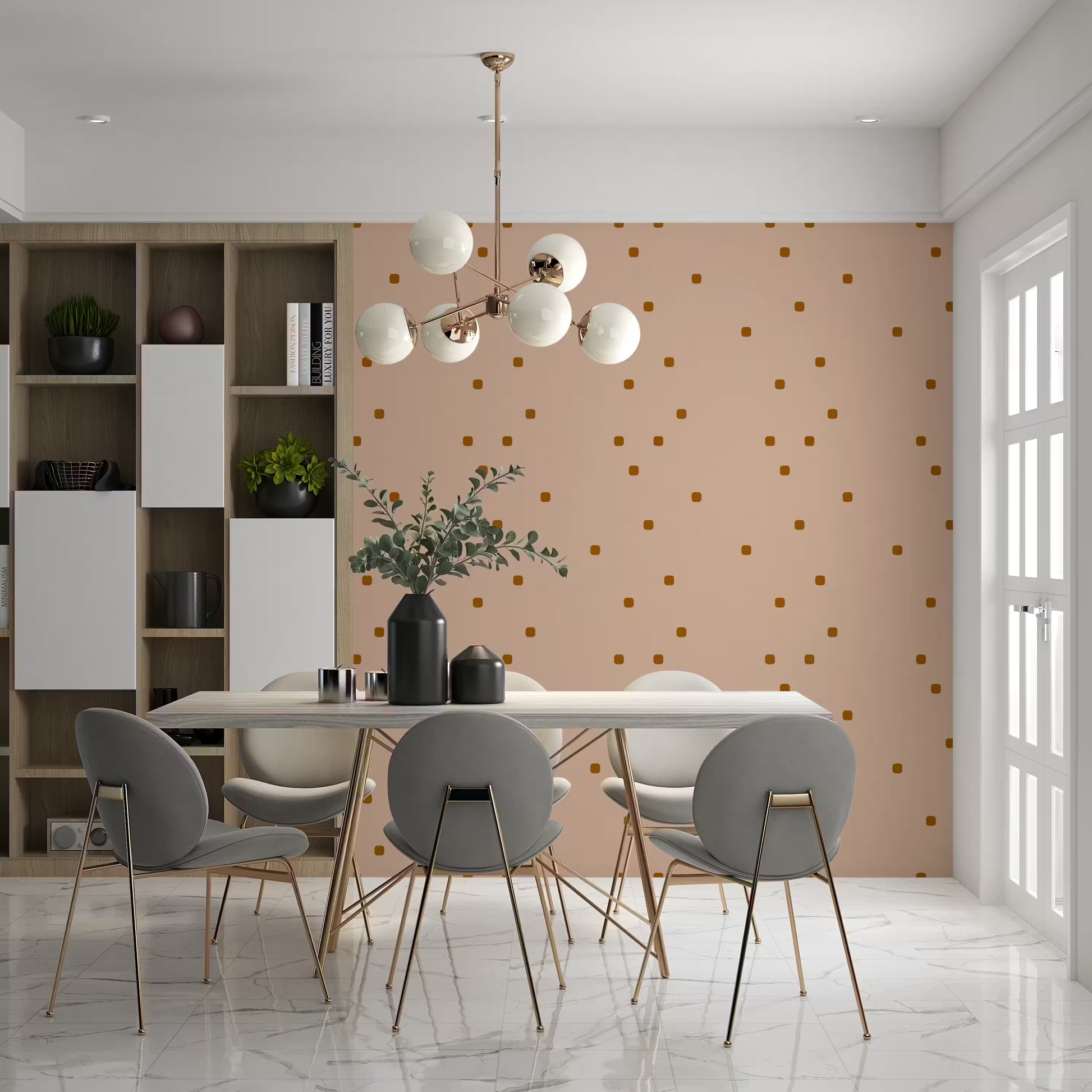 Soft beige wallpaper with irregular rust dot placement and earthy tones in dining room.