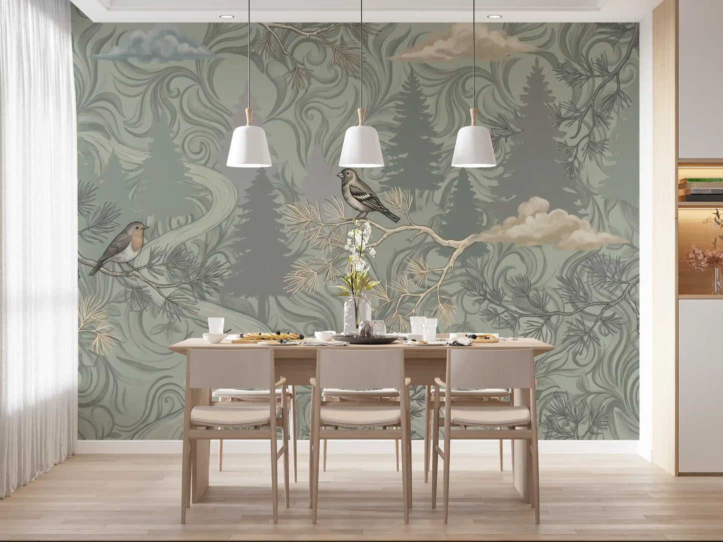 Misty Pine Forest Aviary Wall Mural