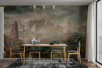 Dramatic green Chinese landscape wallpaper for a bold statement.