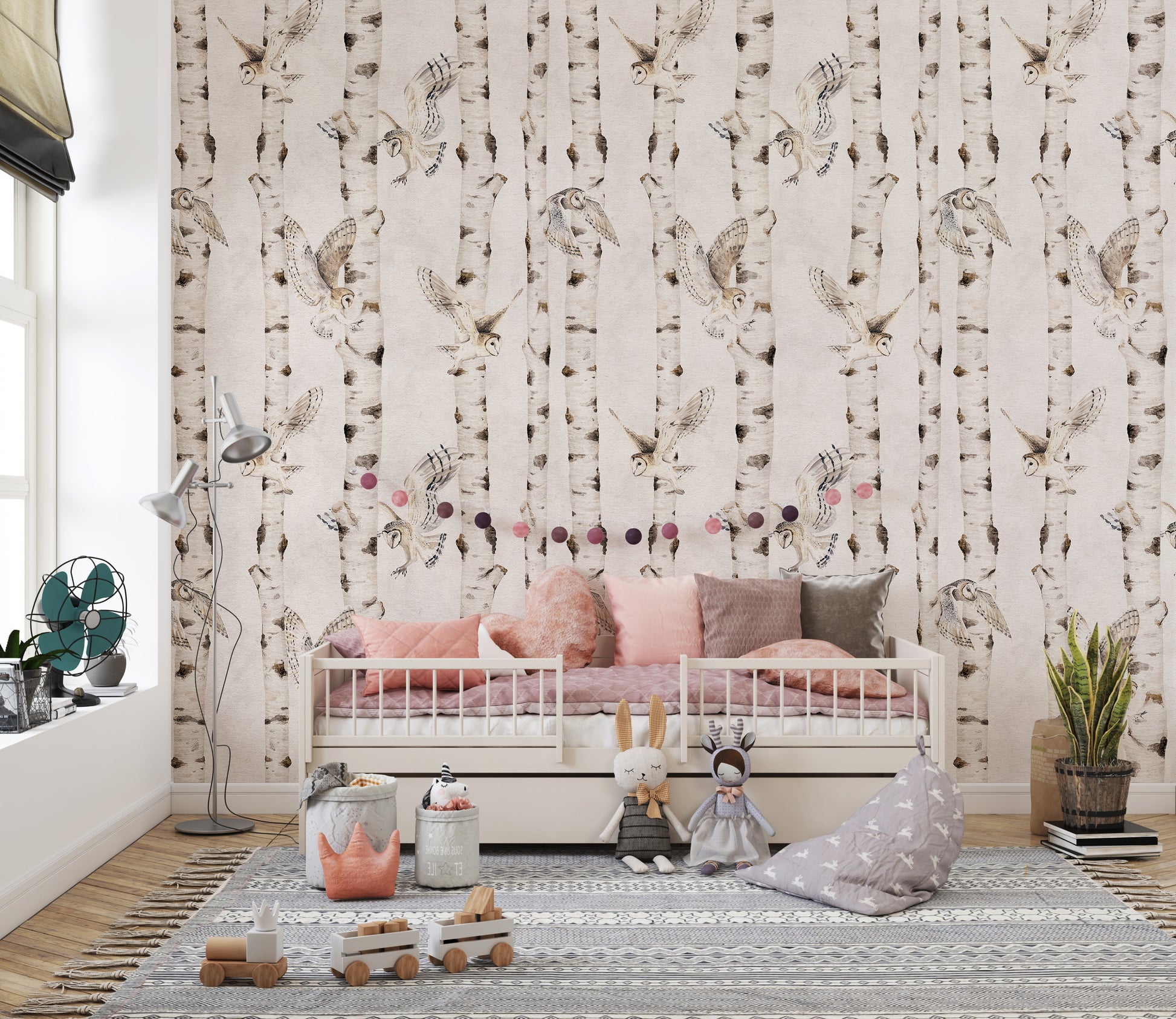 Cozy forest wallpaper with soaring owls
