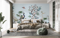 Chinoiserie wallpaper with peacock and herons
