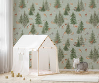 Tranquil woodland scene wallpaper design
