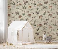 Woodland creatures taupe wallpaper design
