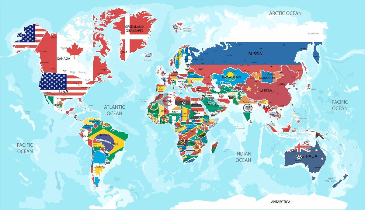 World Flags Wallpaper Mural in your room — zoomed
