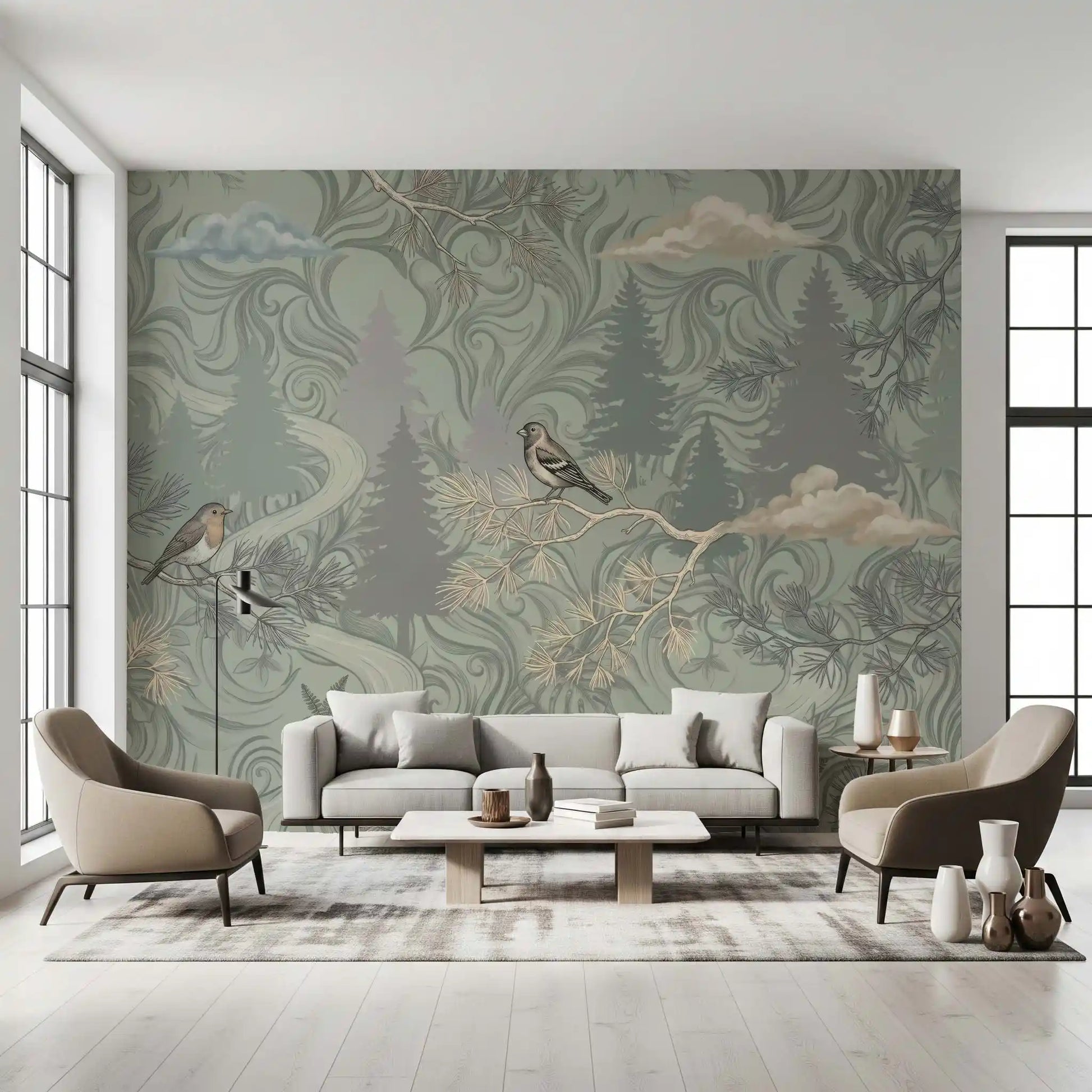 Misty Pine Forest Aviary Wall Mural