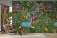 Indian palace and forest Krishna mural

