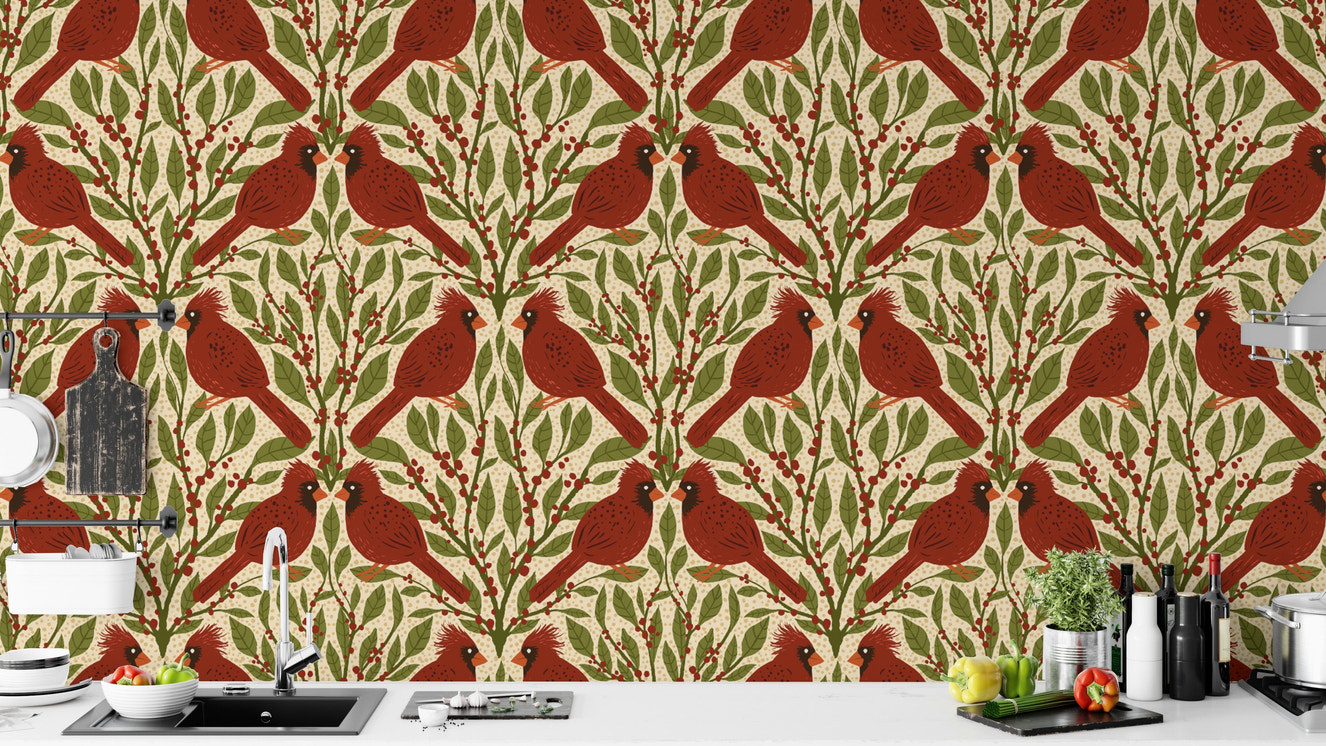 Stunning red cardinals mural for vintage-style accent walls.
