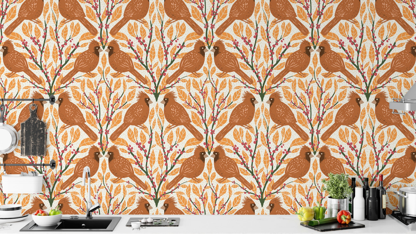 Nature-inspired yellow cardinals wallpaper for cozy living spaces.
