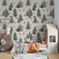 Rustic woodland deer and trees wallpaper
