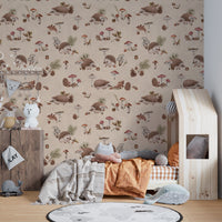 Woodland creatures beige wallpaper pattern
