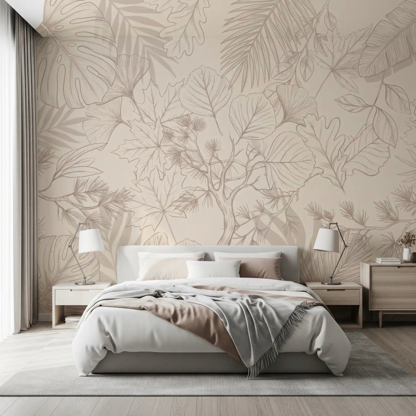 Cream Botanical Leaf Sketch Wall Mural