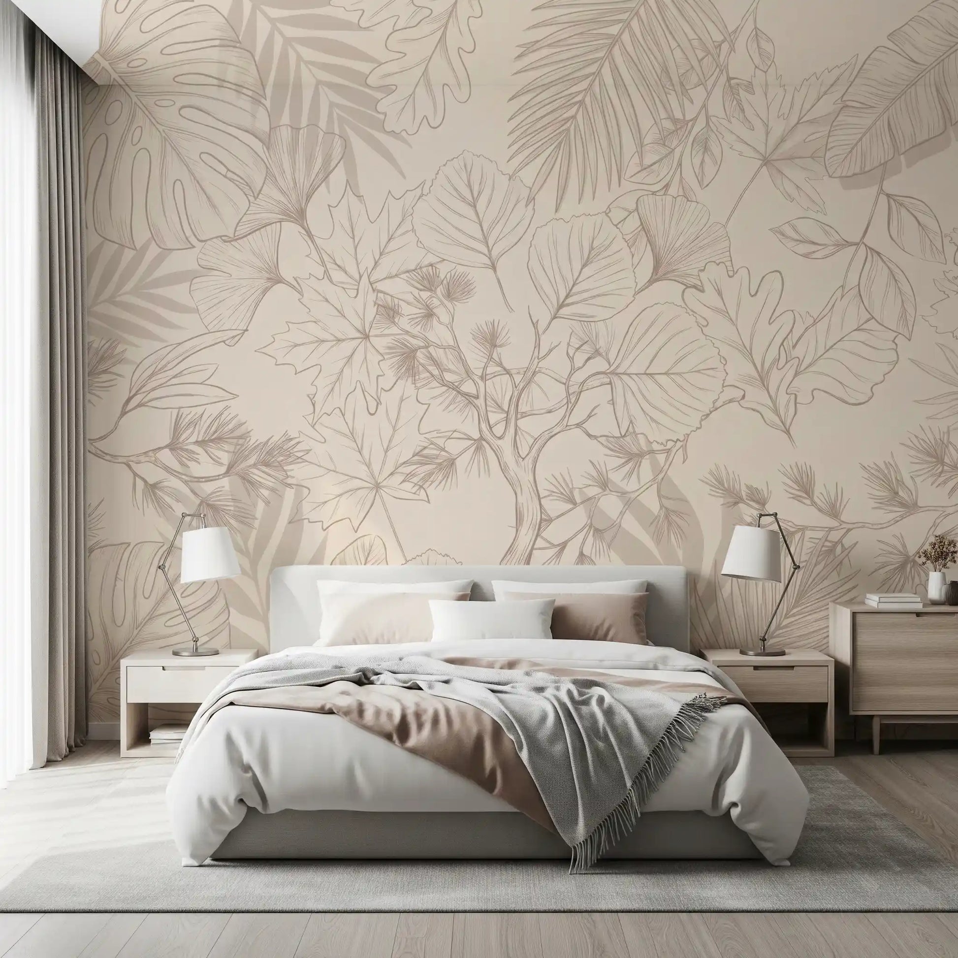 Cream Botanical Leaf Sketch Wall Mural