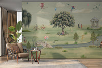 Kids flying kites in illustrated park scene

