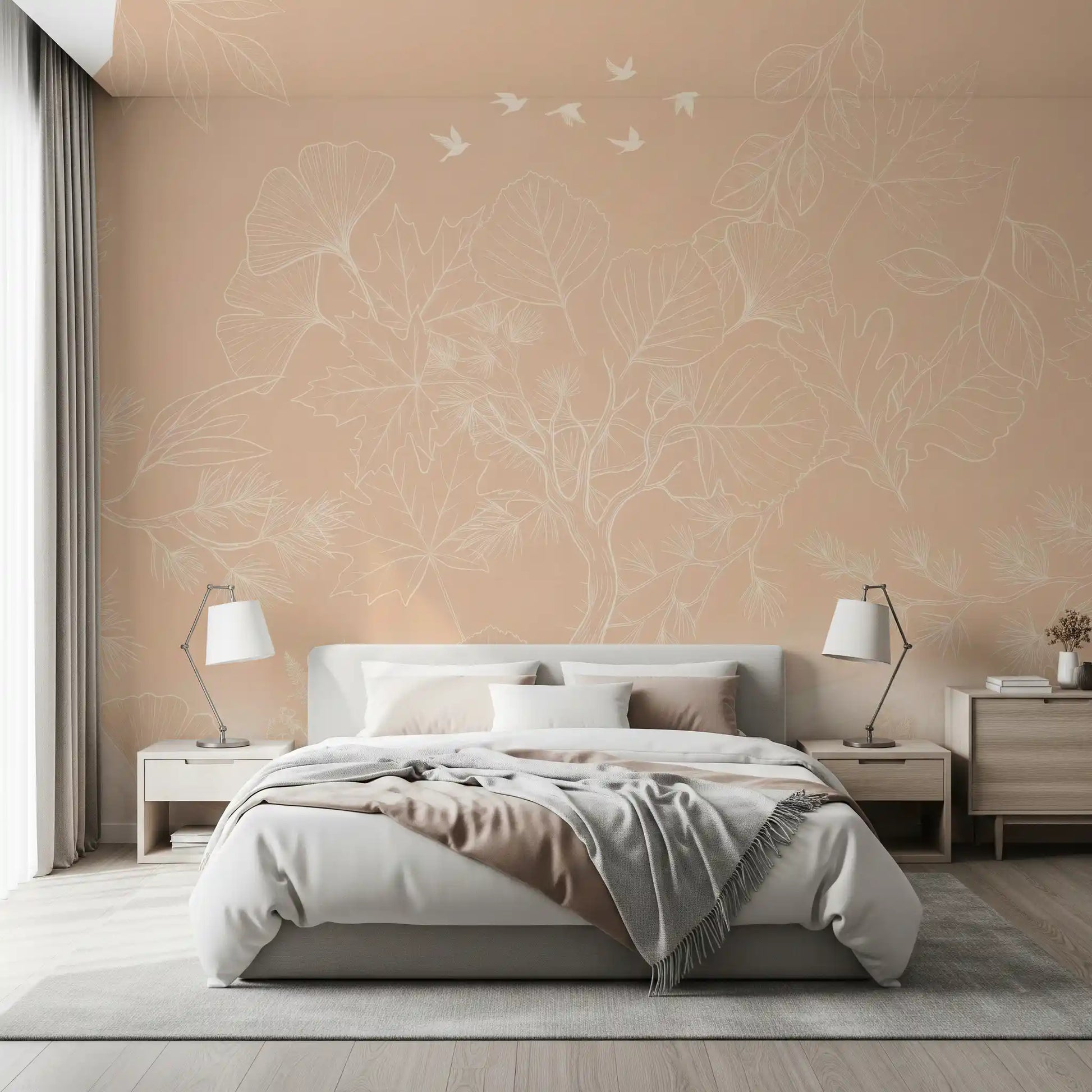 Serene Peach Botanical Line Art Wall Mural