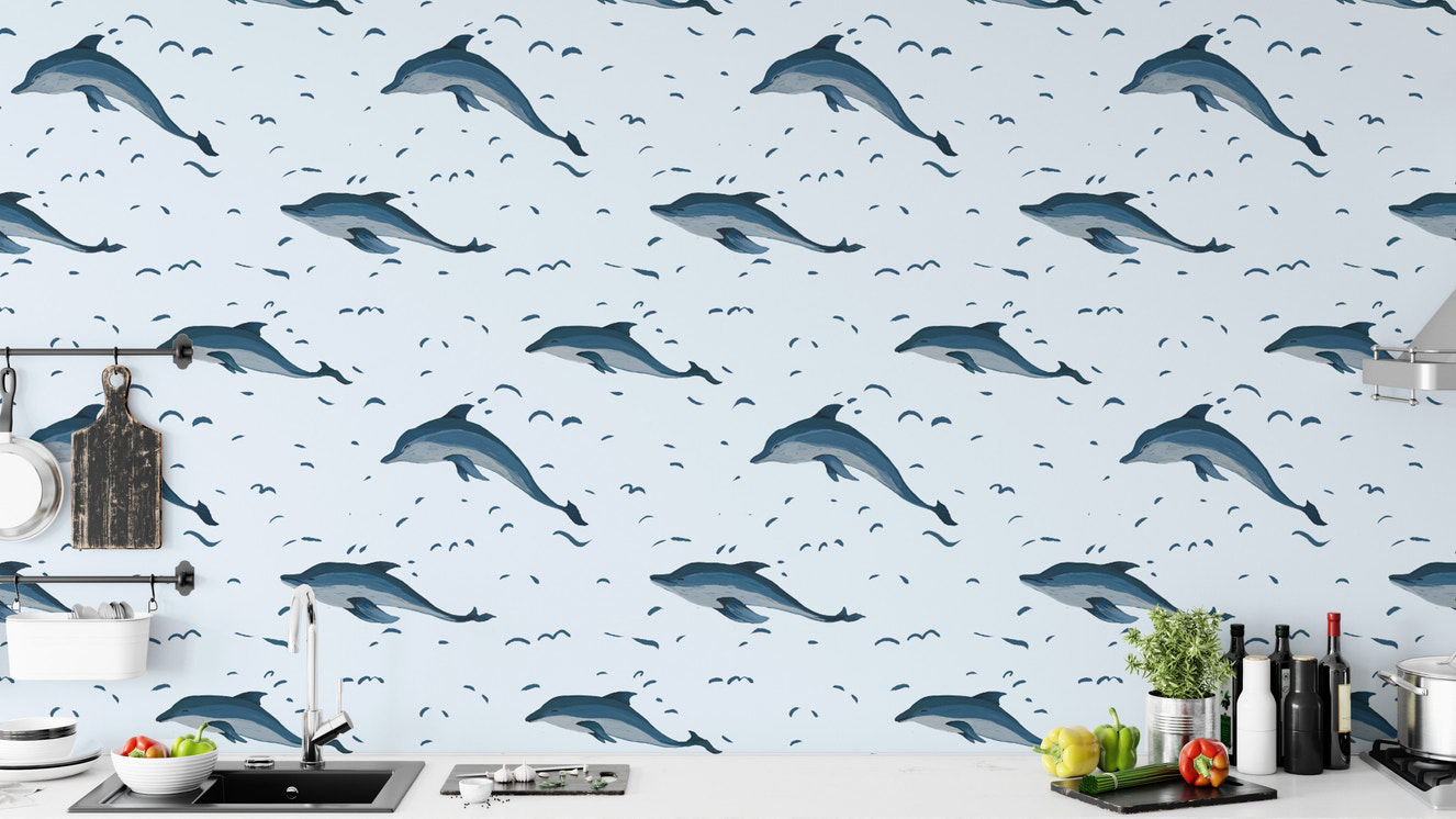 Whimsical dolphins wallpaper for kids’ rooms or nautical themes.
