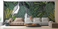 White Crane Birds & Green Tropical Plants Wallpaper - Giffywalls