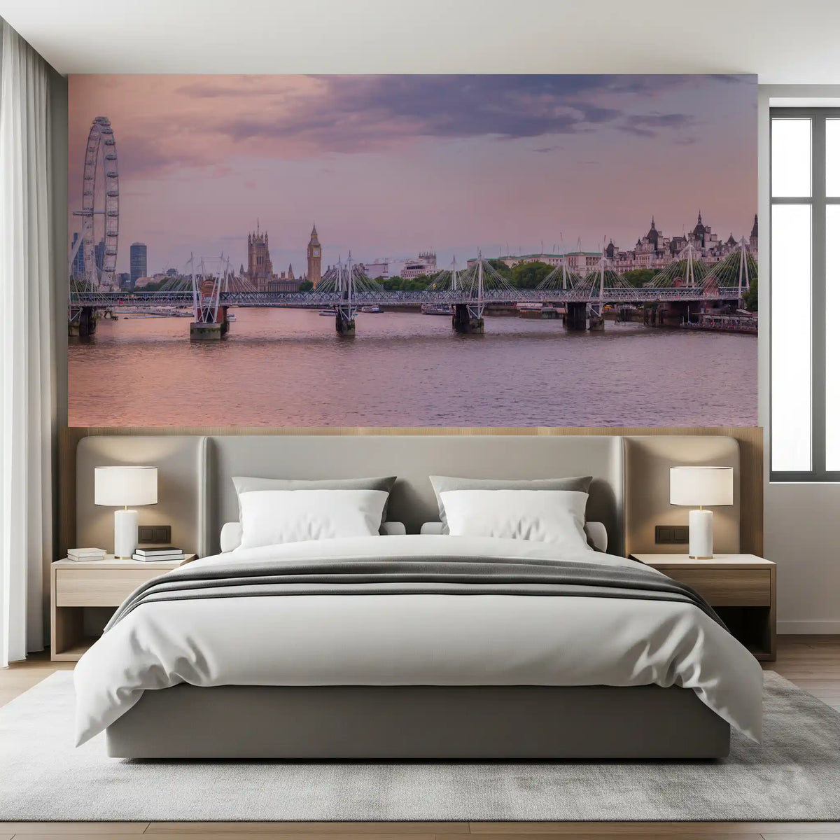 London sunset skyline mural above a bed with grey bedding GD12174