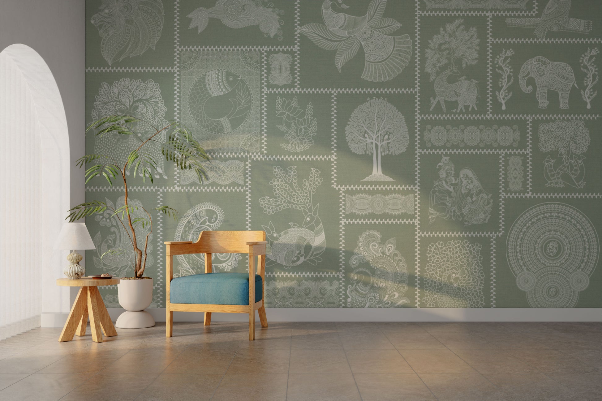 Mandala, deer, birds in Warli pattern

