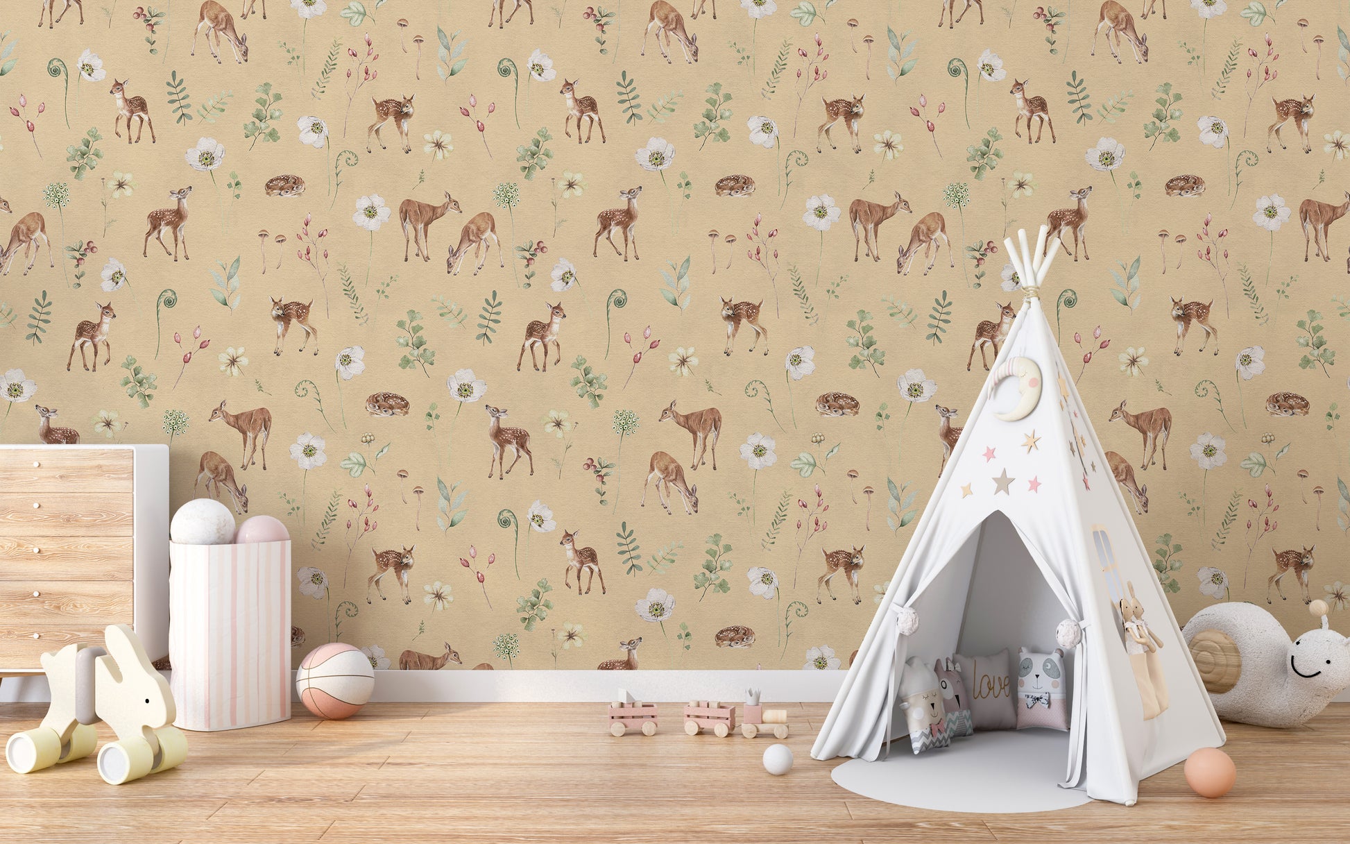 Cozy woodland nursery deer wallpaper
