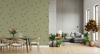 Dining room corner wallpaper featuring sage green and olive squircle print.