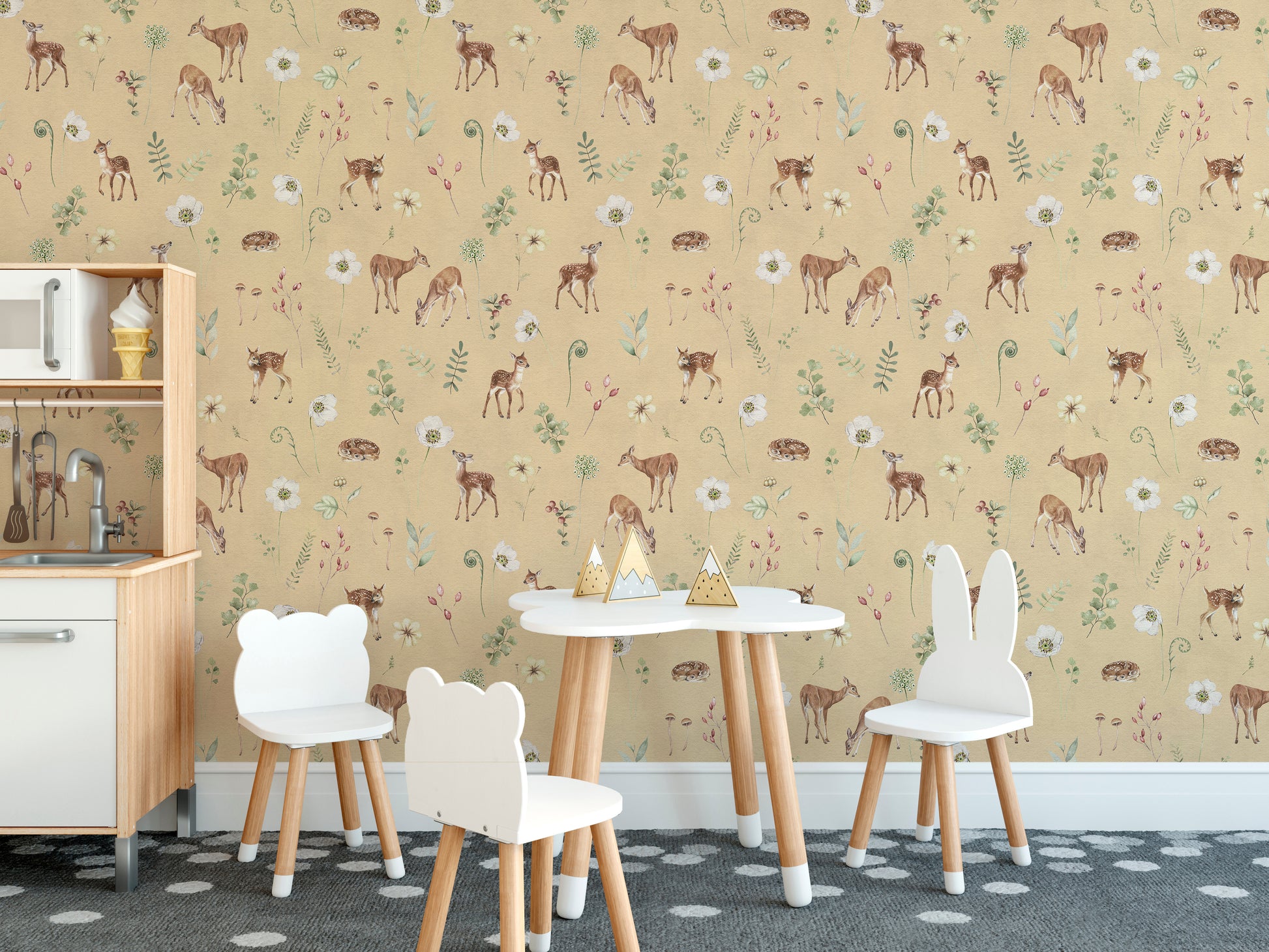 Elegant beige deer and floral wallpaper

