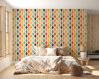 Playful retro bedroom wallpaper with colorful wavy patterns