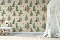 Watercolor deer and trees wallpaper print
