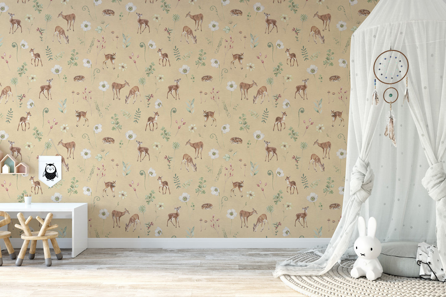 Soft beige forest animal wallpaper mural
