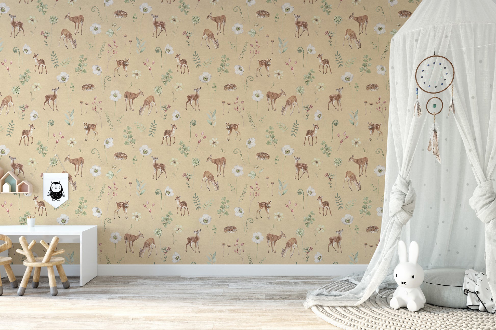 Soft beige forest animal wallpaper mural
