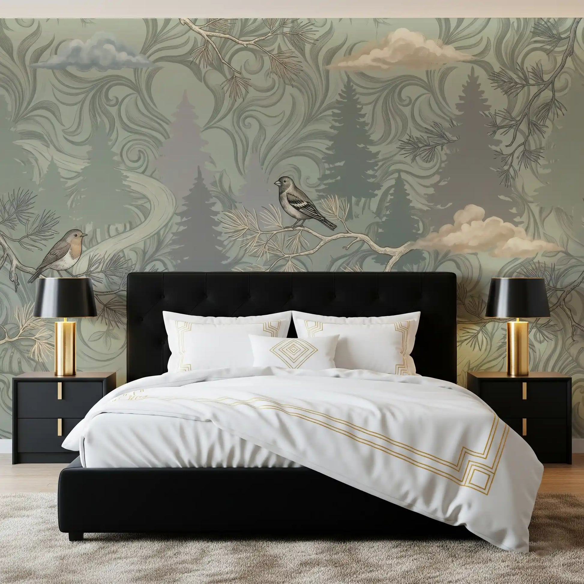 Misty Pine Forest Aviary Wall Mural
