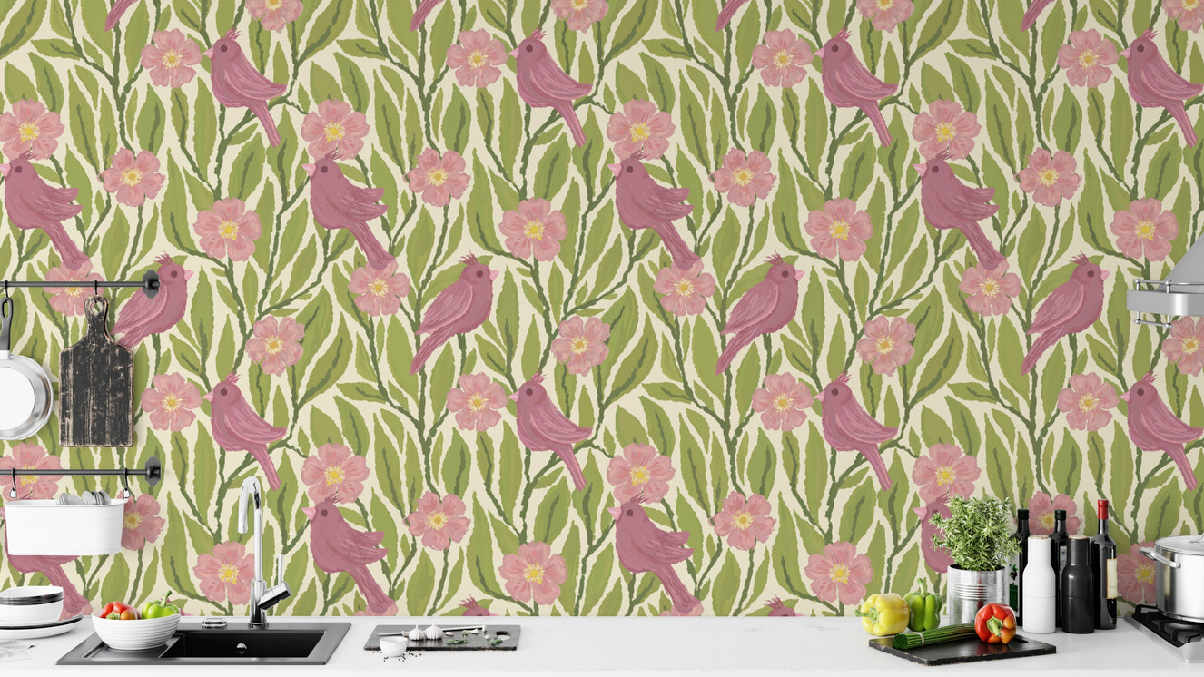 Sophisticated pink birds and flowers mural for chic and modern walls.
